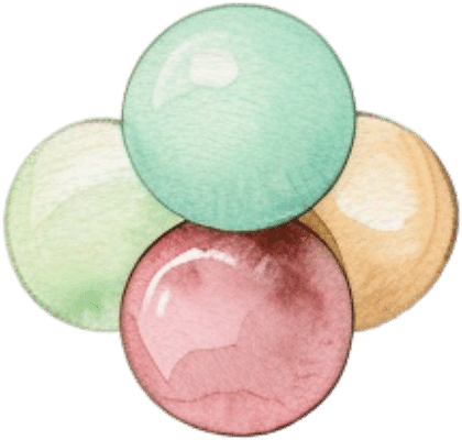 Three pastel-colored round watercolor paints – green, pink, orange